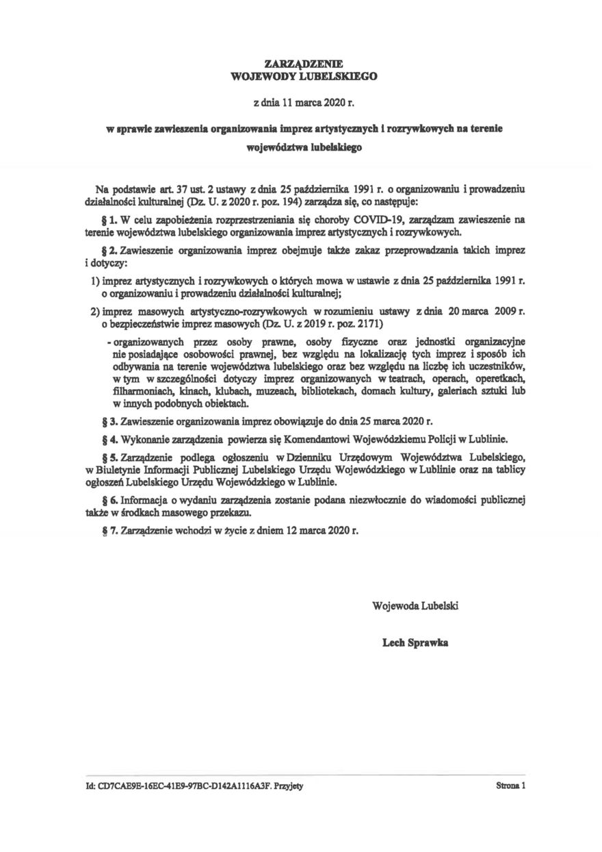 Plik jpg - ZARZĄDZENIE WOJEWODY LUBLESKIEGO z dnia 11 marca 2020 r.
