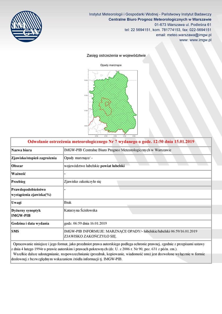 Odwołanie ostrzeżenia meteorologicznego Nr 7 wydanego o godz. 12:50 dnia 15.01.2019
