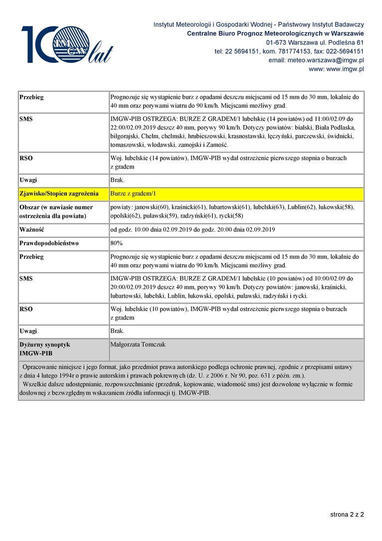 OSTRZEŻENIA METEOROLOGICZNE ZBIORCZO NR 105