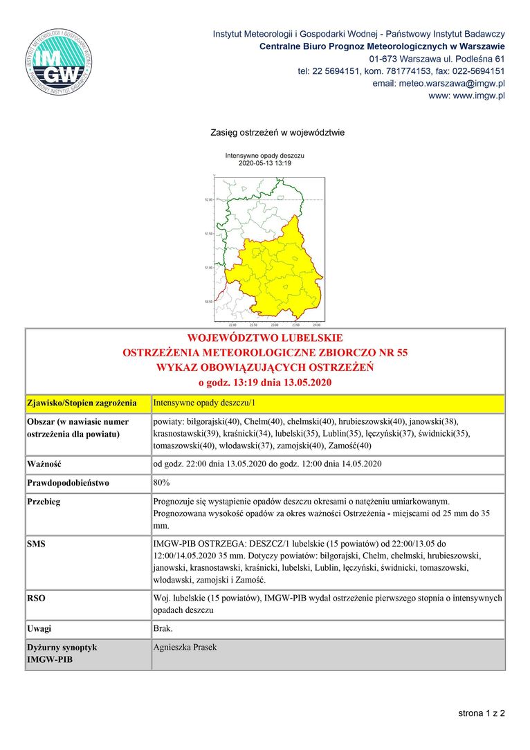 OSTRZEŻENIA METEOROLOGICZNE ZBIORCZO NR 55