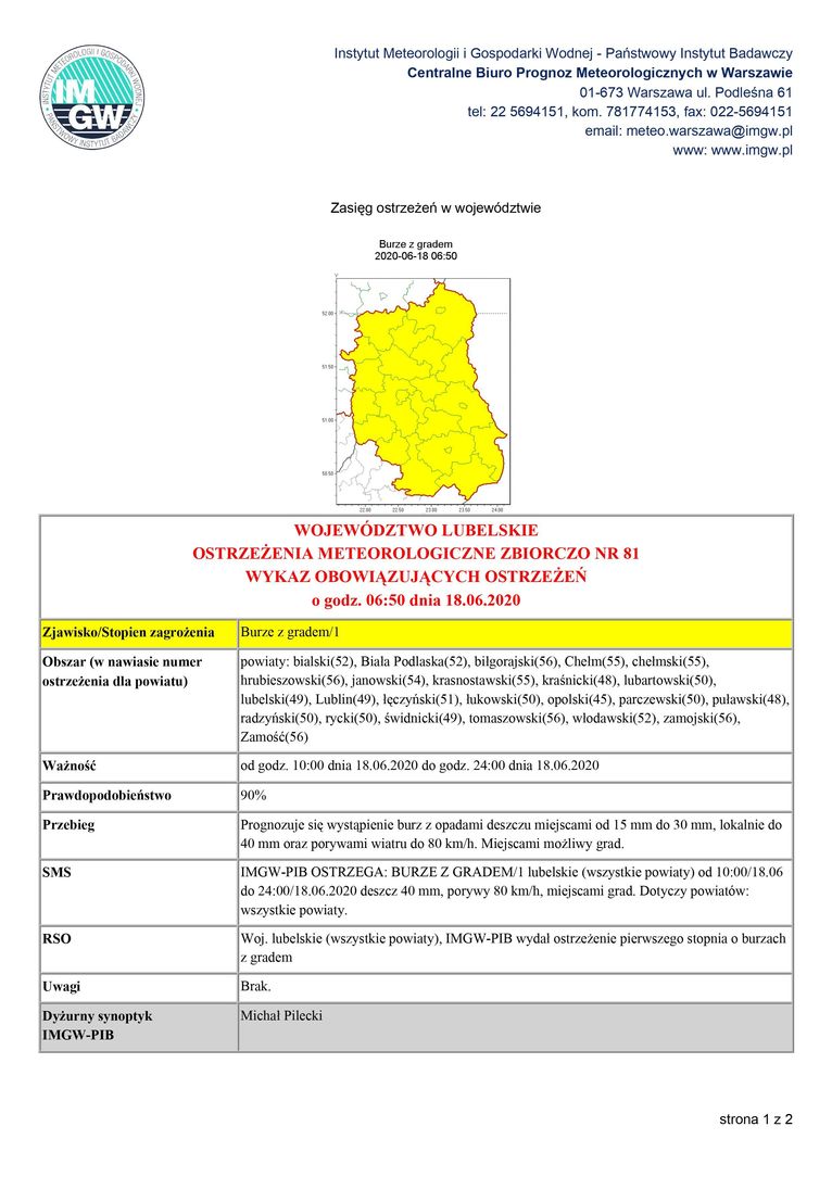 OSTRZEŻENIA METEOROLOGICZNE ZBIORCZO NR 81