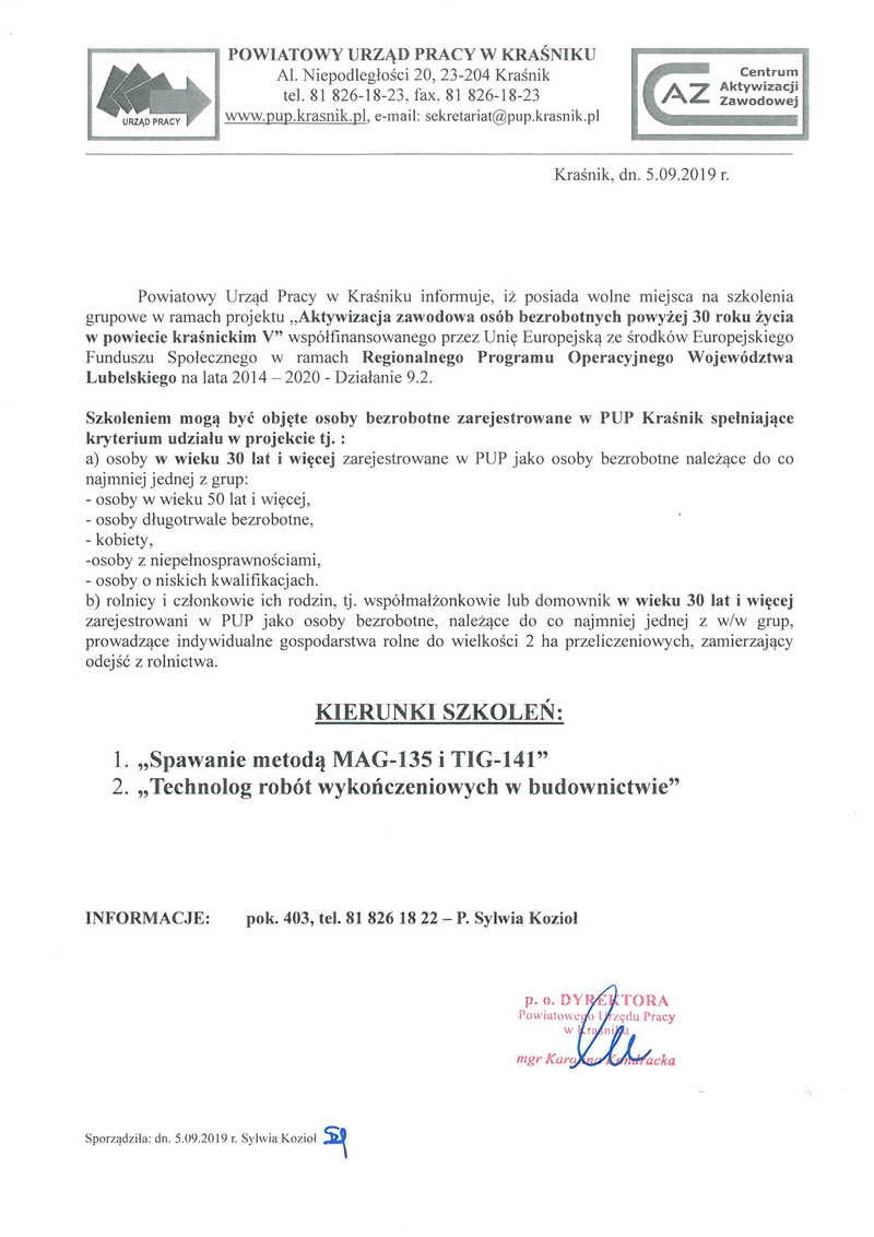 Informacja dot. szkoleń grupowych dla osób bezrobotnych zarejestrowanych w PUP Kraśnik