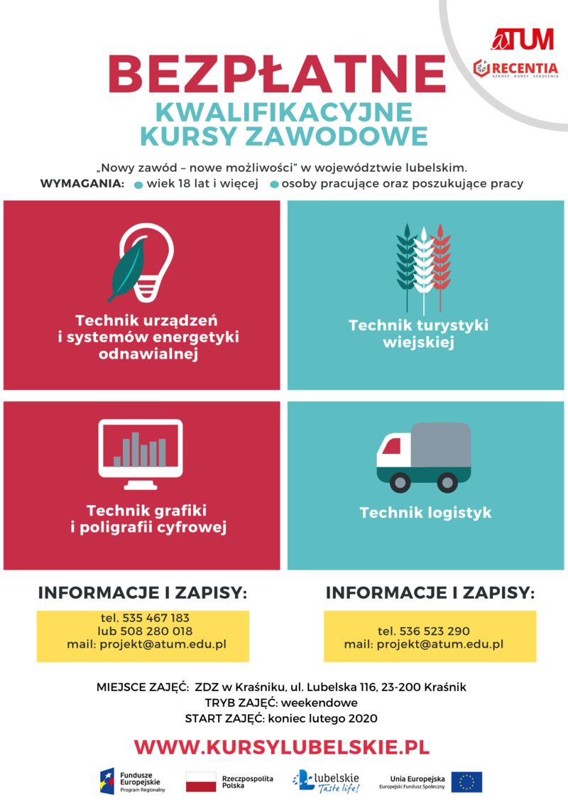 Plakat jpg - Zapisz się na bezpłatne kwalifikacyjne kursy zawodowe w Kraśniku
