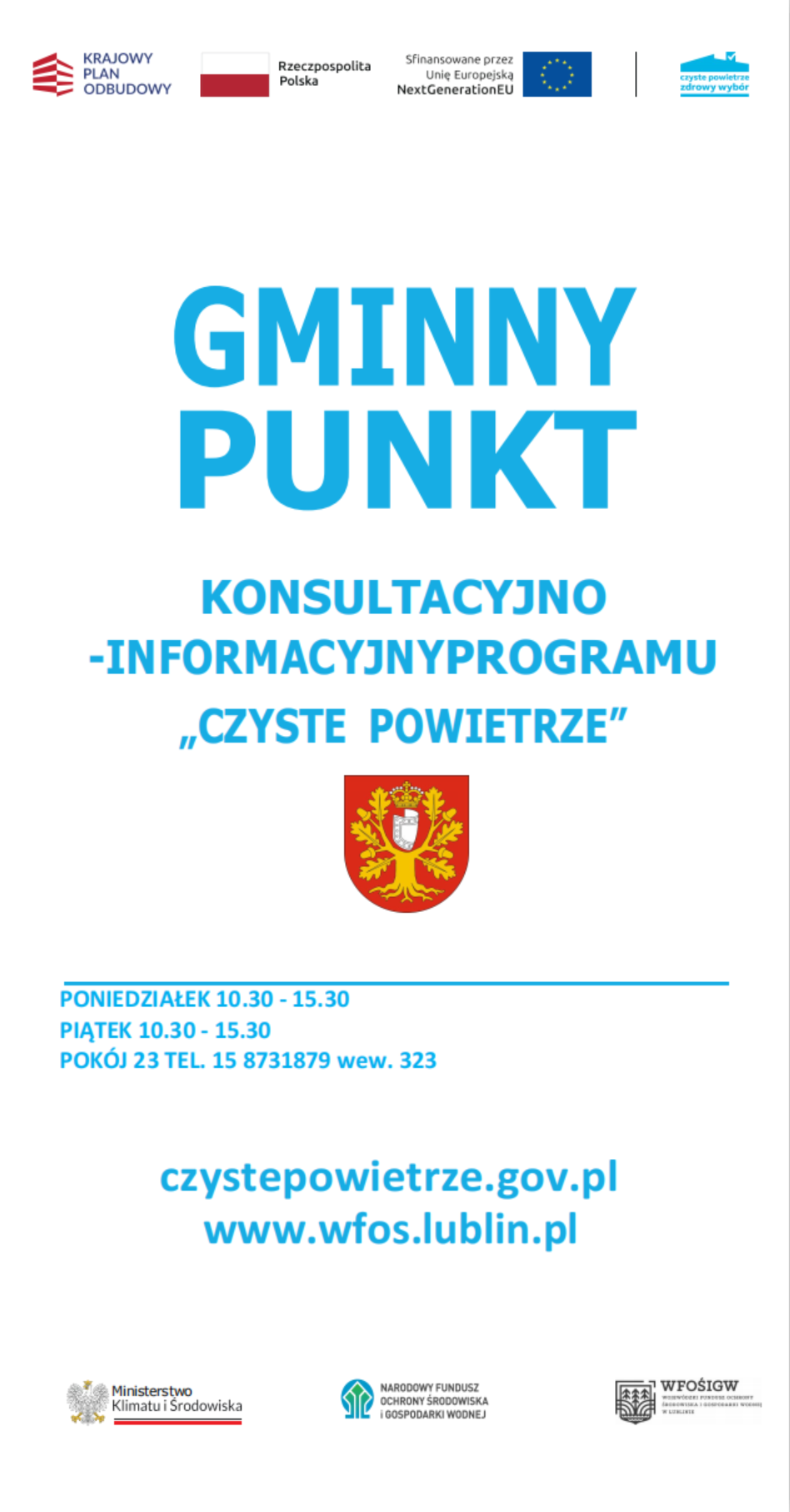 Plakat informacyjny o Gminnym Punkcie Konsultacyjno-Informacyjnym Programu Czyste Powietrze, z herbem Polski i logotypami ministerstw, wraz z danymi kontaktowymi i logotypem WFOS.