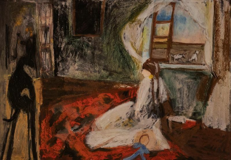 Obraz olejny przedstawiający kobietę siedzącą na podłodze w zaniedbanym pokoju, obok niej leży rozsypana zabawka, a w tle widać okno i zwierzę.