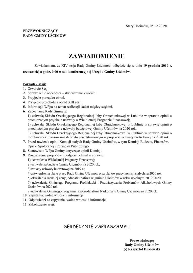 Zawiadomienie XIII sesja Rady Gminy Uścimów XIV Kadencji 2018 – 2023