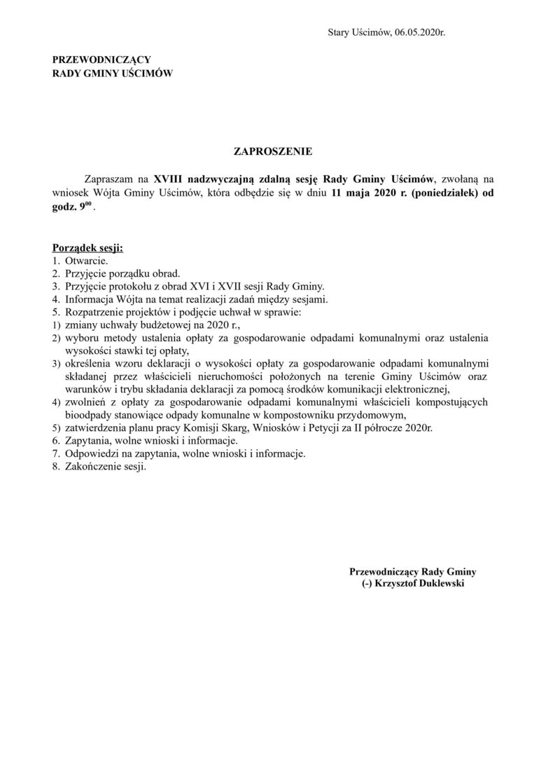 Zawiadomienie XVIII sesja Rady Gminy Uścimów VIII Kadencji 2018 – 2023