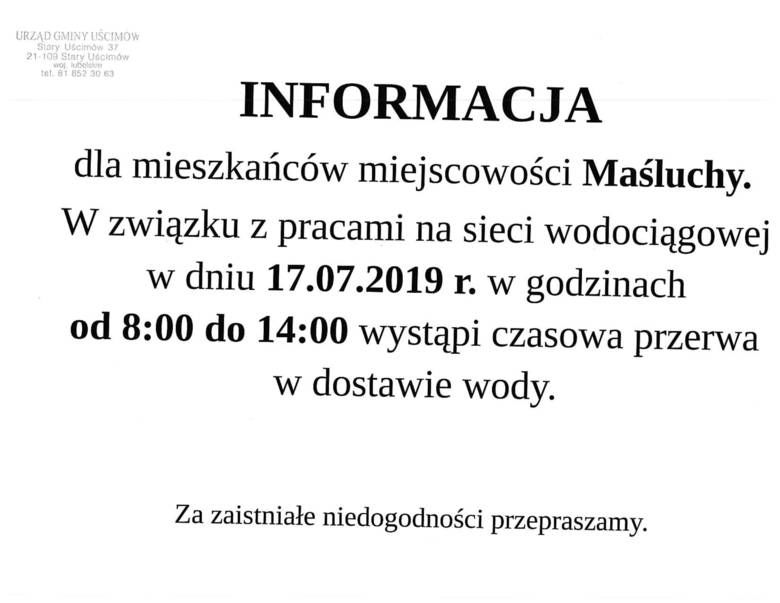 Informacja dla mieszkańców miejscowości Maśluchy