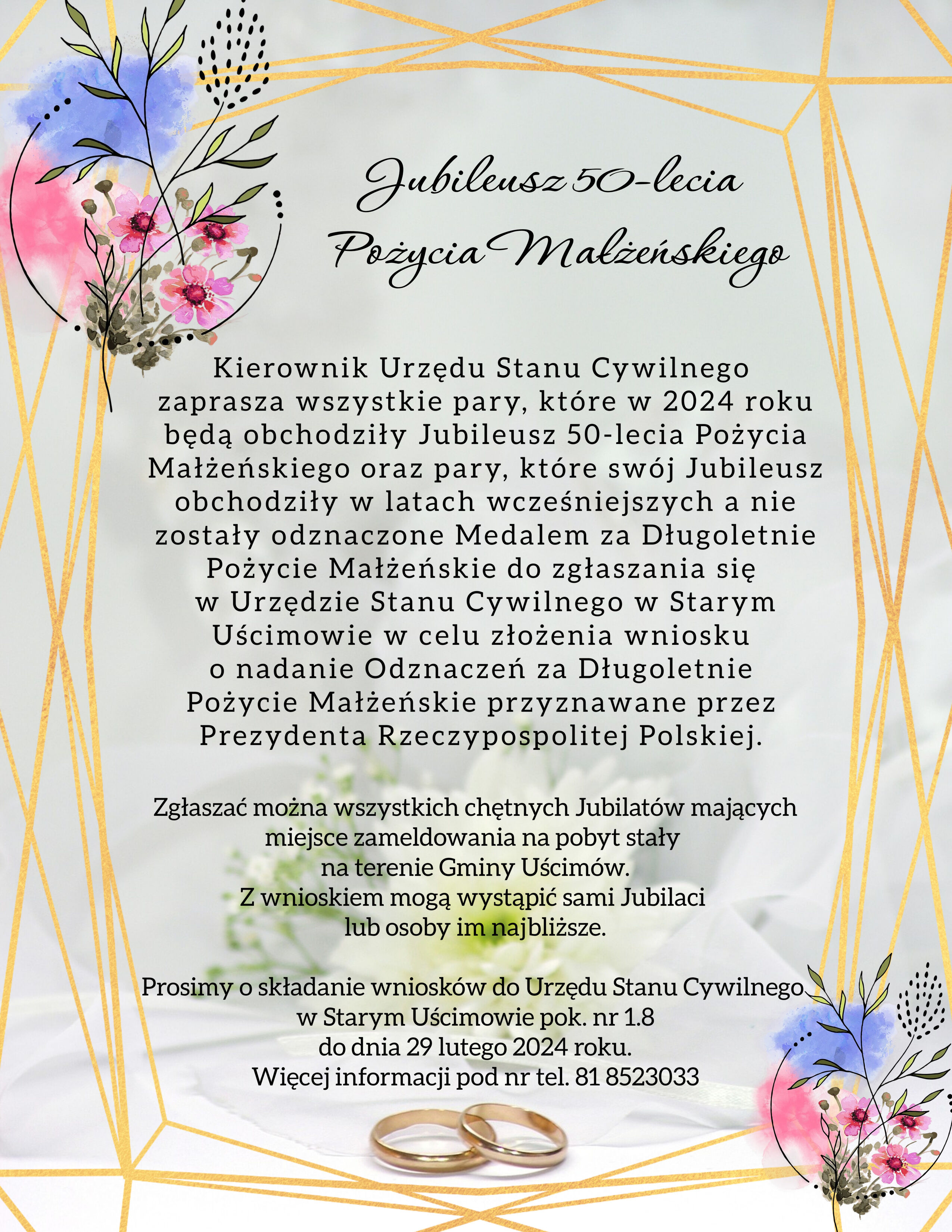 Zdjęcie plakatu informacyjnego o wydarzeniu pt. "W ogródku Malusieńkiego", z grafiką kwiatową i motylami, zawierającym szczegóły dotyczące uroczystości jubileuszowej i informacje kontaktowe.