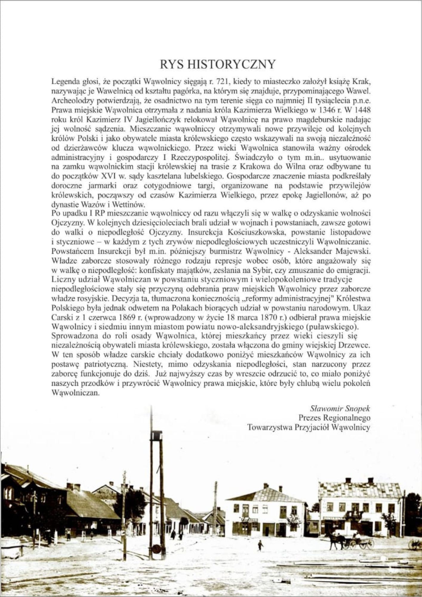 Obraz przedstawia stronę z książki lub dokumentu zawierającego długi tekst w języku polskim oraz mały czarno-biały plan miasta u dołu strony. Tekst opisuje kontekst historyczny i jest pogrupowany w akapity.