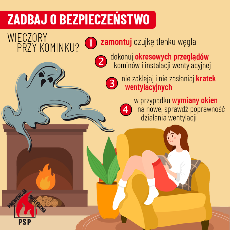 Ilustracja instrukcyjna z duchem przypominającym o bezpieczeństwie przy kominku, kobietą czytającą książkę i rośliną w doniczce.