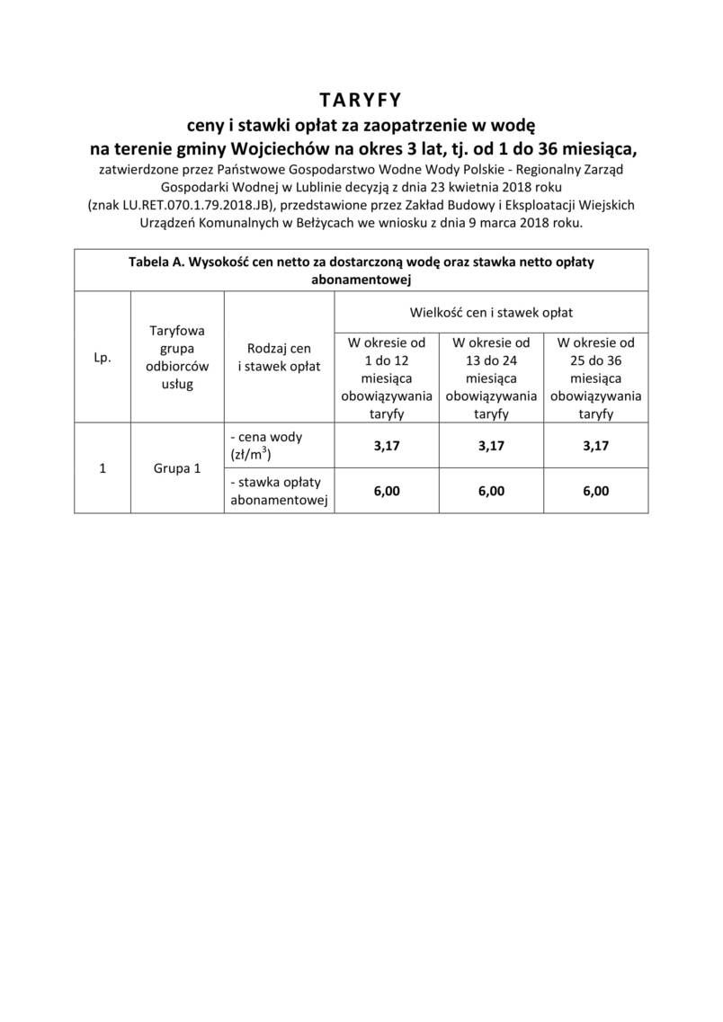 taryfy, ceny i stawki za zaopatrzenie w wodę w Gminie Wojciechów