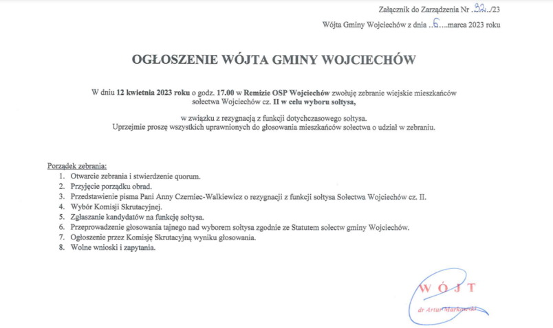 ogłoszenie Wójta Gminy Wojciechów