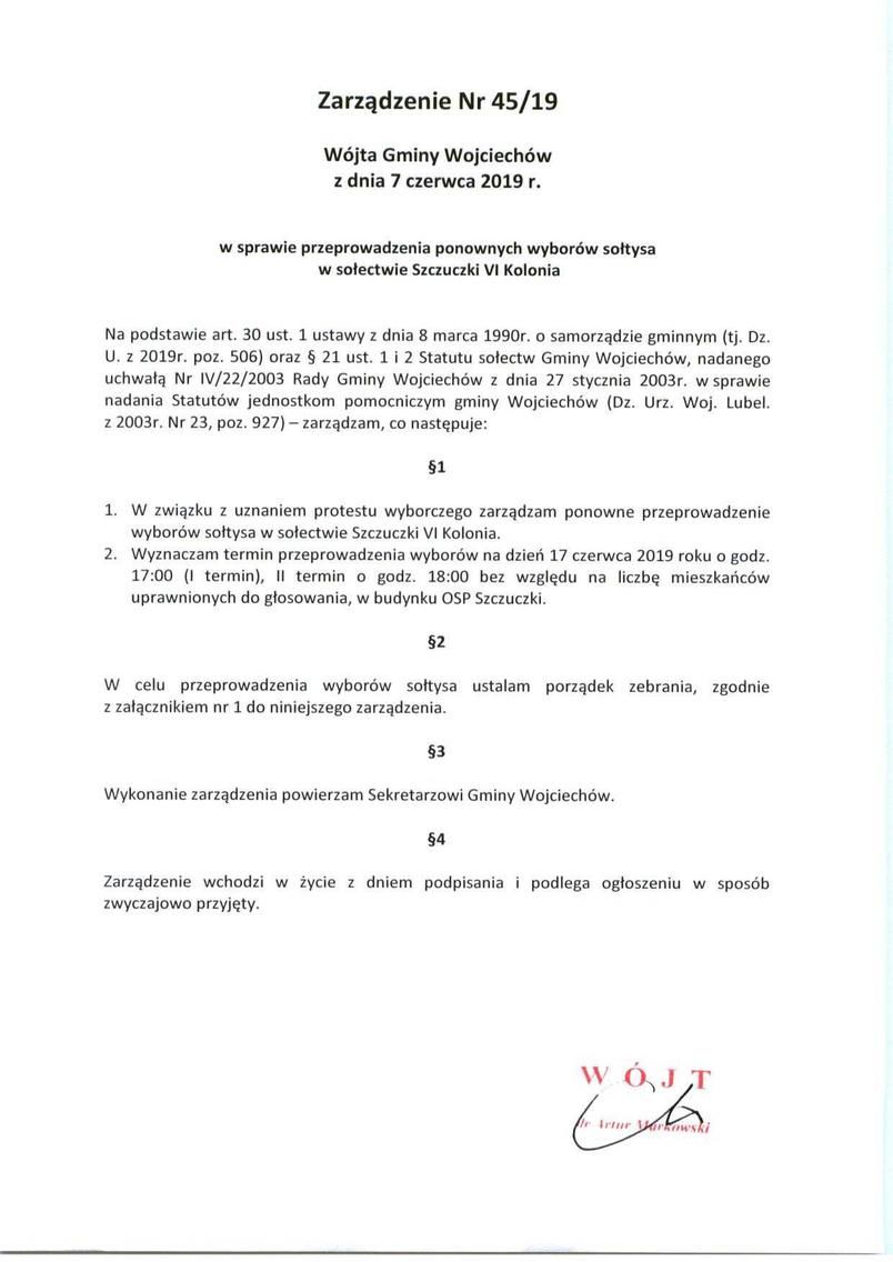 Zarządzenie Nr 45/19 Wójta Gminy Wojciechów z dnia 7 czerwca 2019 r.