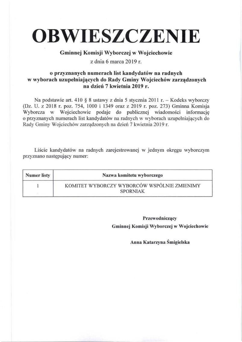 OBWIESZCZENIE Gminnej Komisji Wyborczej w Wojciechowie z dnia 6 marca 2019 r.