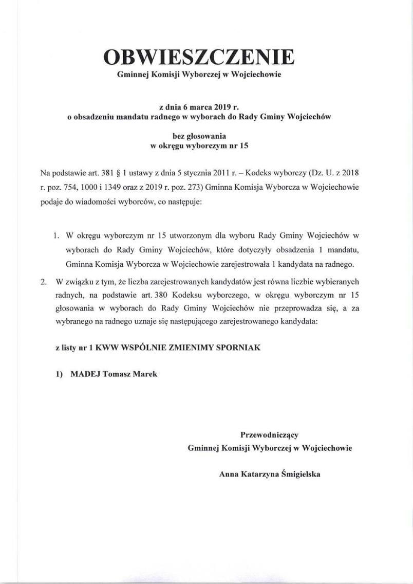 OBWIESZCZENIE Gminnej Komisji Wyborczej w Wojciechowie z dnia 6 marca 2019 r.