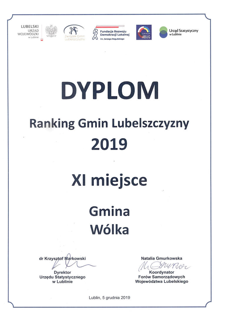 Ranking Gmin Lubelszczyzny 2019 - Gmina Wólka zajęła 11 miejsce wśród 213 gmin województwa lubelskiego.