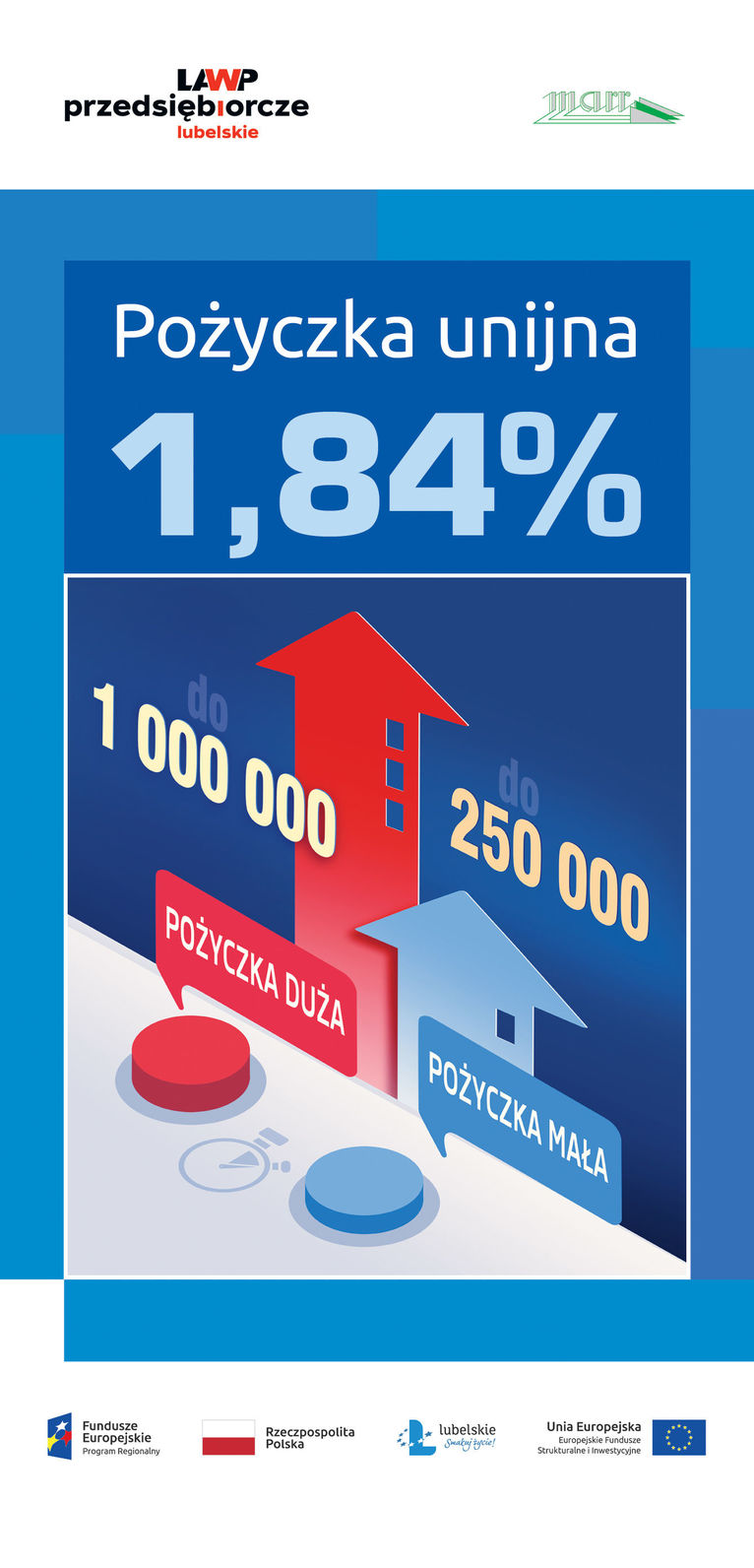 Spotkanie informacyjne dotyczące „pożyczek unijnych” LAWP przedsiębiorcze lubelskie Pożyczka unijna 1,84% 1 000 000  do 250 000 POŻYCZKA DUŻA Pożyczka MAŁA lubelskie Smakuj tycie! Unia Europejska Europejskie Fundusze Strukturalne i Inwestycyjne Rzeczpospolita Polska Fundusze Europejskie Program Regionalny